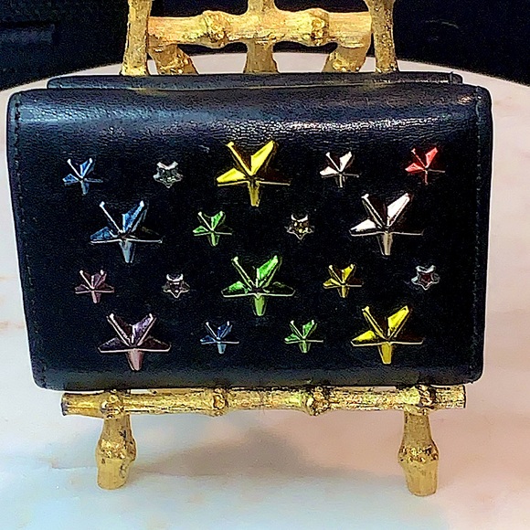 JIMMY CHOO NEMO BLACK RAINBOW STAR MIX TRIFOLD WALLET RARE LEATHER - Picture 2 of 15